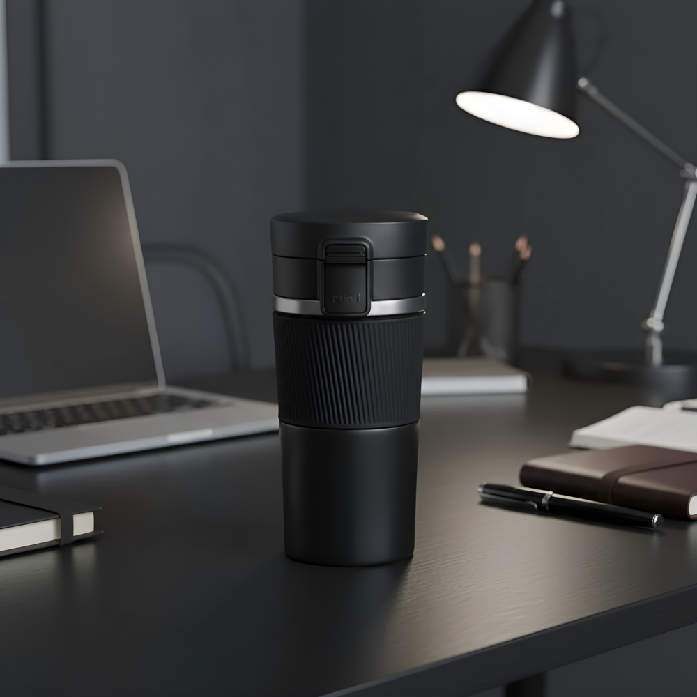 ImgCrafts matte black insulated travel tumbler with flip lid, ready for custom logo
