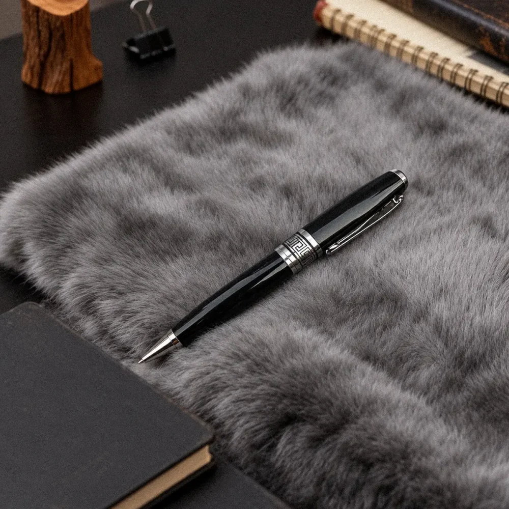 ImgCrafts premium black ballpoint pen with silver accents and engraved metal band