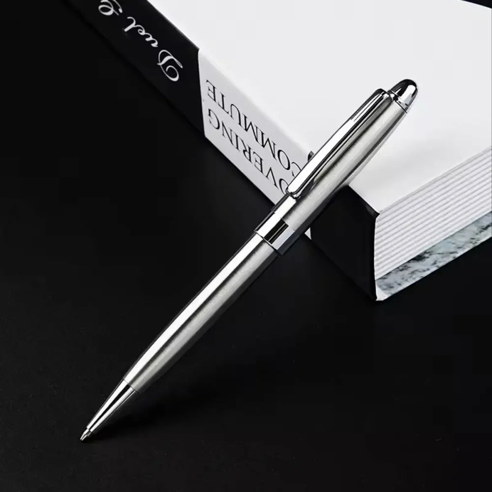 Brushed steel metal ballpoint pen with chrome clip and custom logo engraving