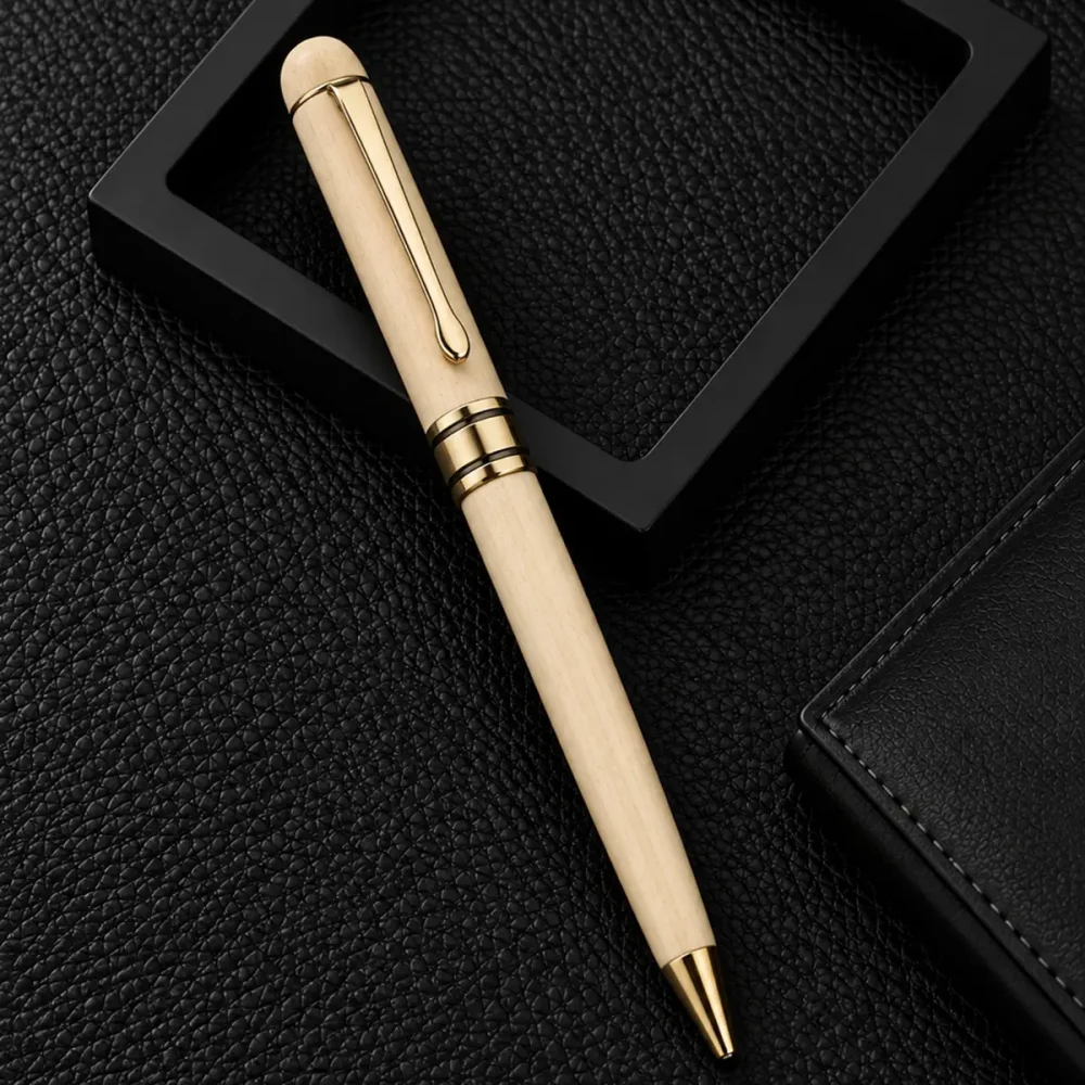 ImgCrafts natural wood pen with gold trim and domed cap